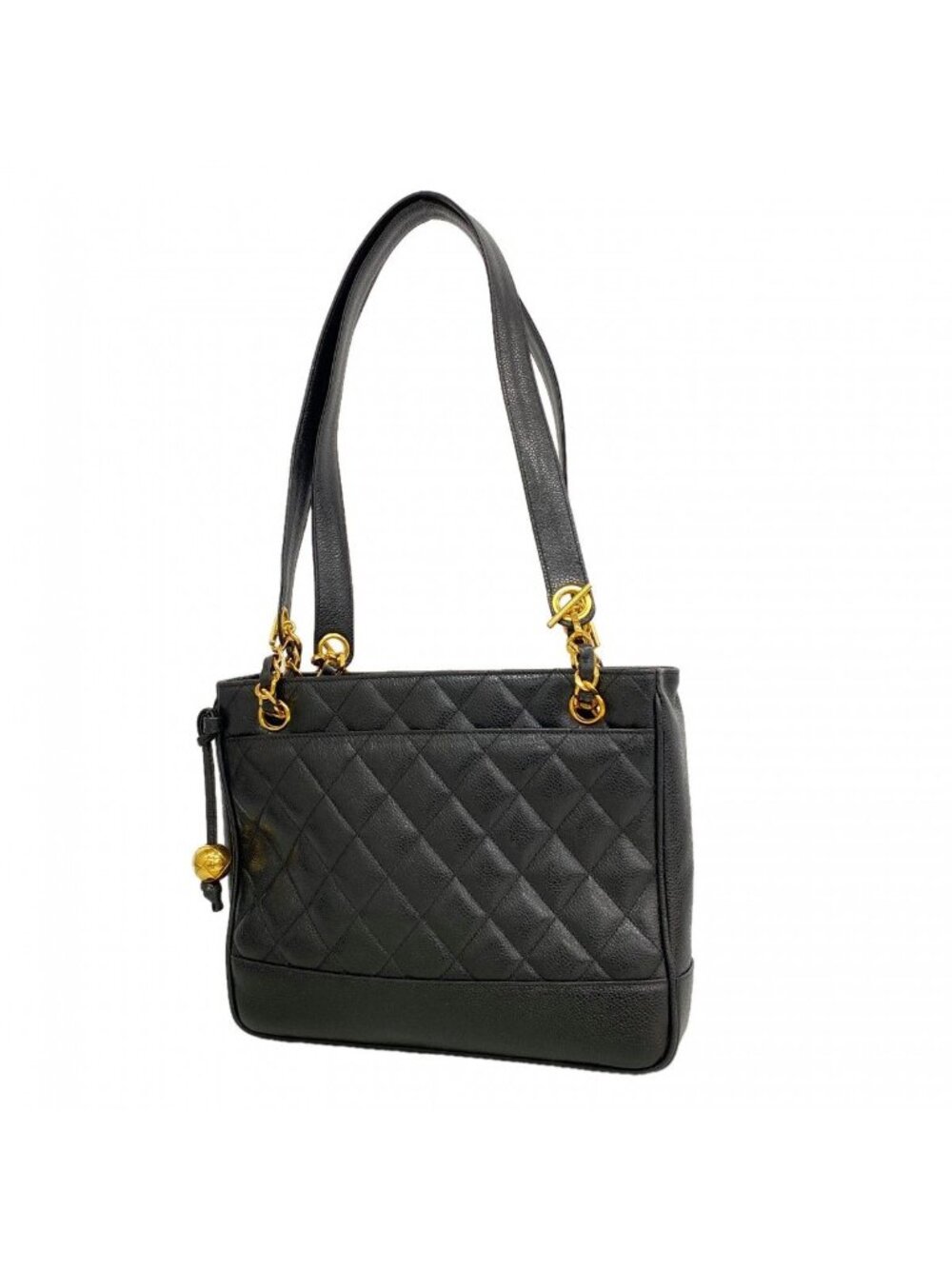Chanel Shoulder Bag Quilted Caviar Leather Black Gold